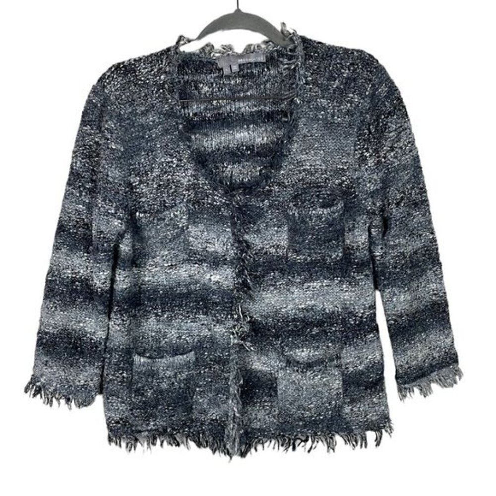 360 Sweater Boucle Knit Cardigan Blazer Frayed Fringe Distressed Black Gray Sz L